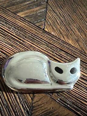 Vintage Taxco Sterling Silver Large Cat Brooch Pin Enamel Eyes Mexico Modernist